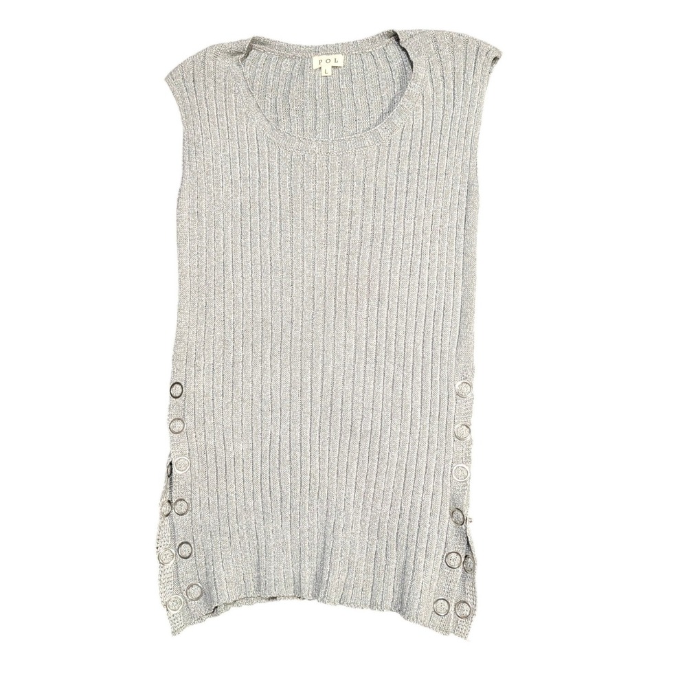 POL Silver Metallic Ribbed Knit Sweater Vest Grommet Snap Side Lightweight Large